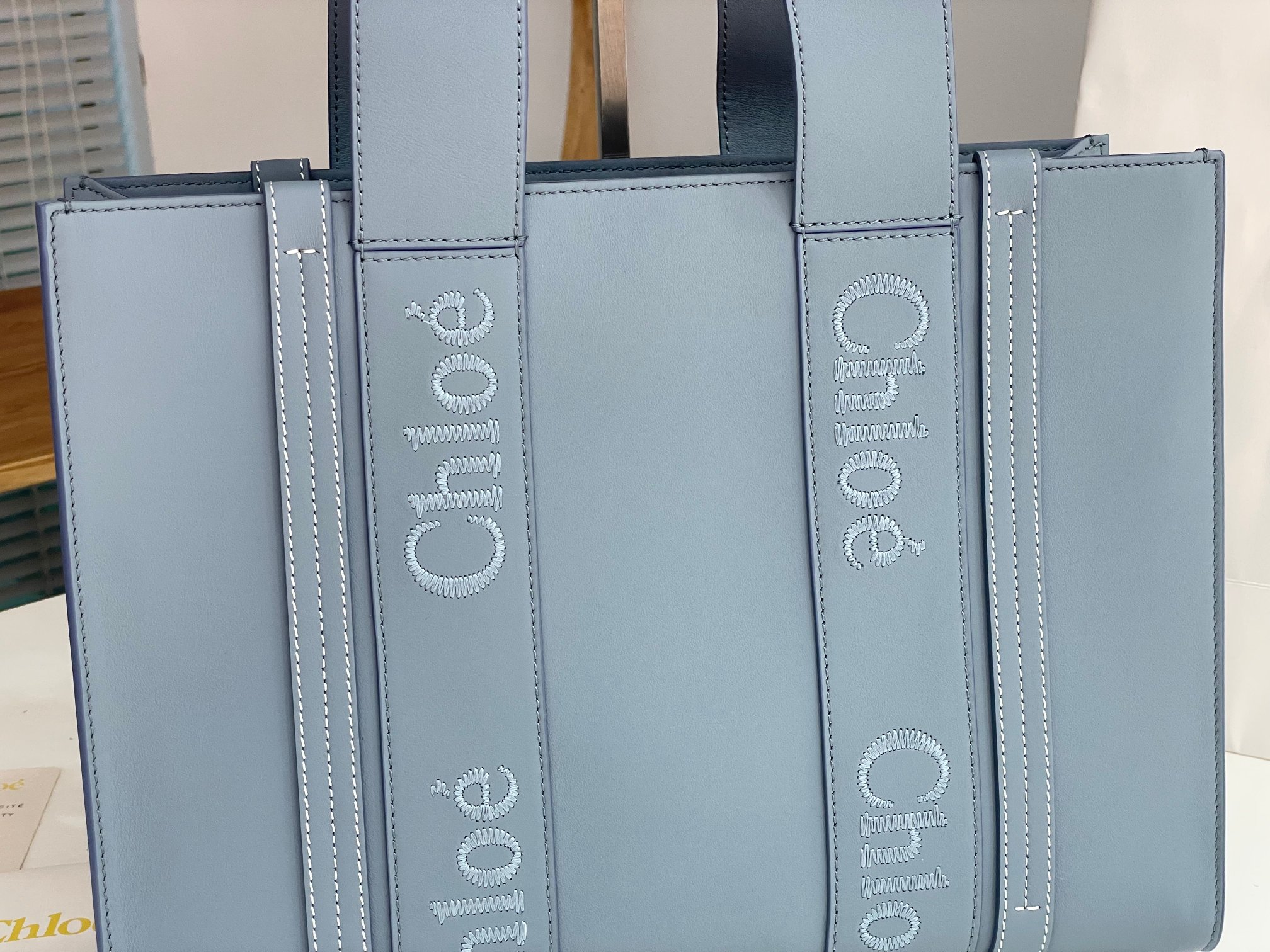 Chloe Medium Woody Tote Bag In Light Blue Soft Smooth Calfskin Leather